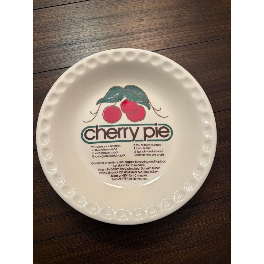 Vintage Cherry Pie Recipe Ceramic Pie Plate Scalloped Rim 10 Inch White Dish